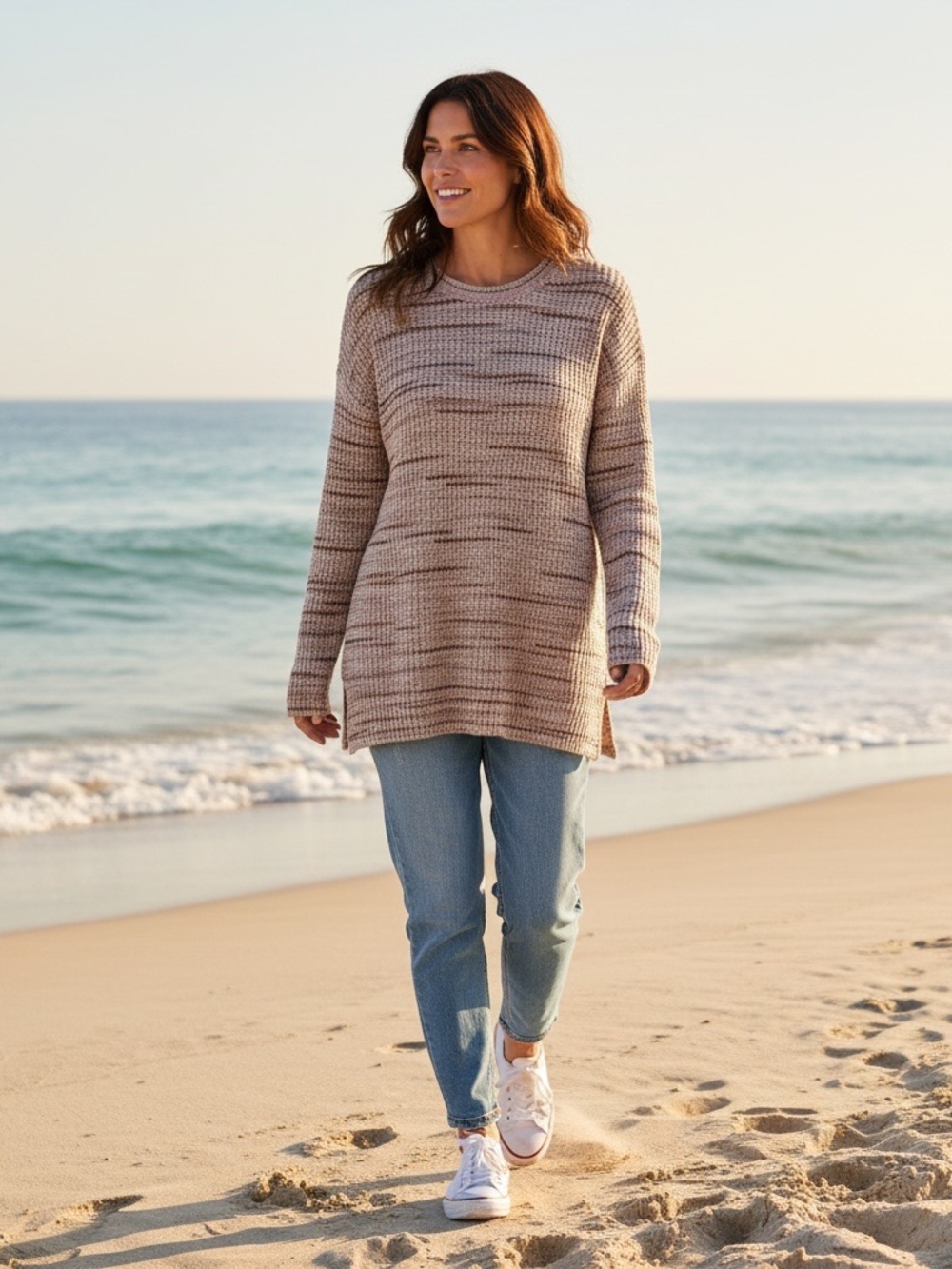 J JILL elements Cozy Crewneck Tunic Sweater in Beige spacedye women’s large